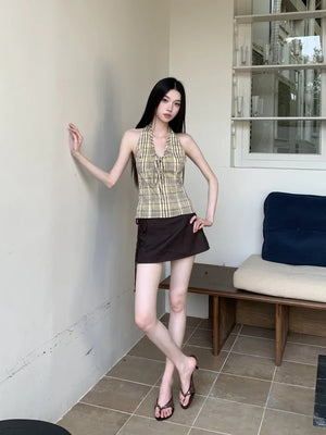 VILZSTUDIOS Yellow Plaid Backless Halter Top