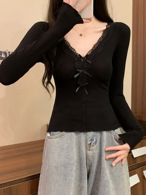 VILZSTUDIOS Sexy Bow Tie V-Neck Long Sleeve T-Shirt