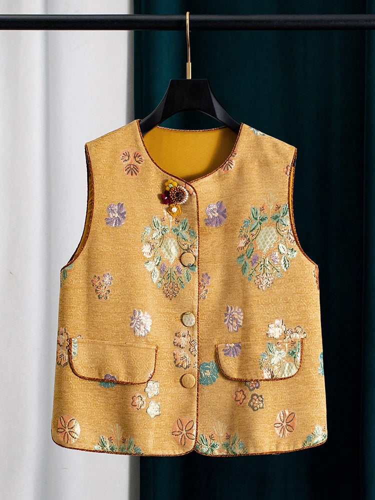 VILZSTUDIOS Chinese Style Yellow Floral Vest