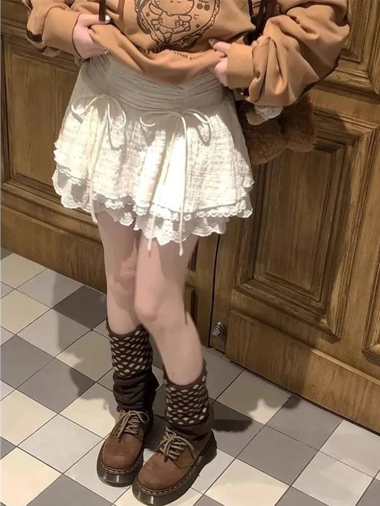 VILZSTUDIOS Sweet Lace Bow Tie Mini Skirt