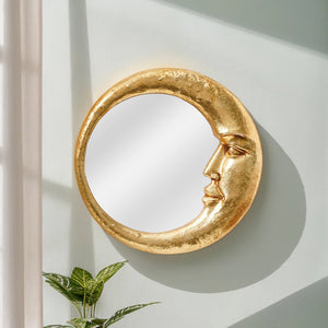 VILZSTUDIOS 1PC, resin material gold face meniscus round decorative hanging mirror, decorative home art pendant, creative makeup mirror.