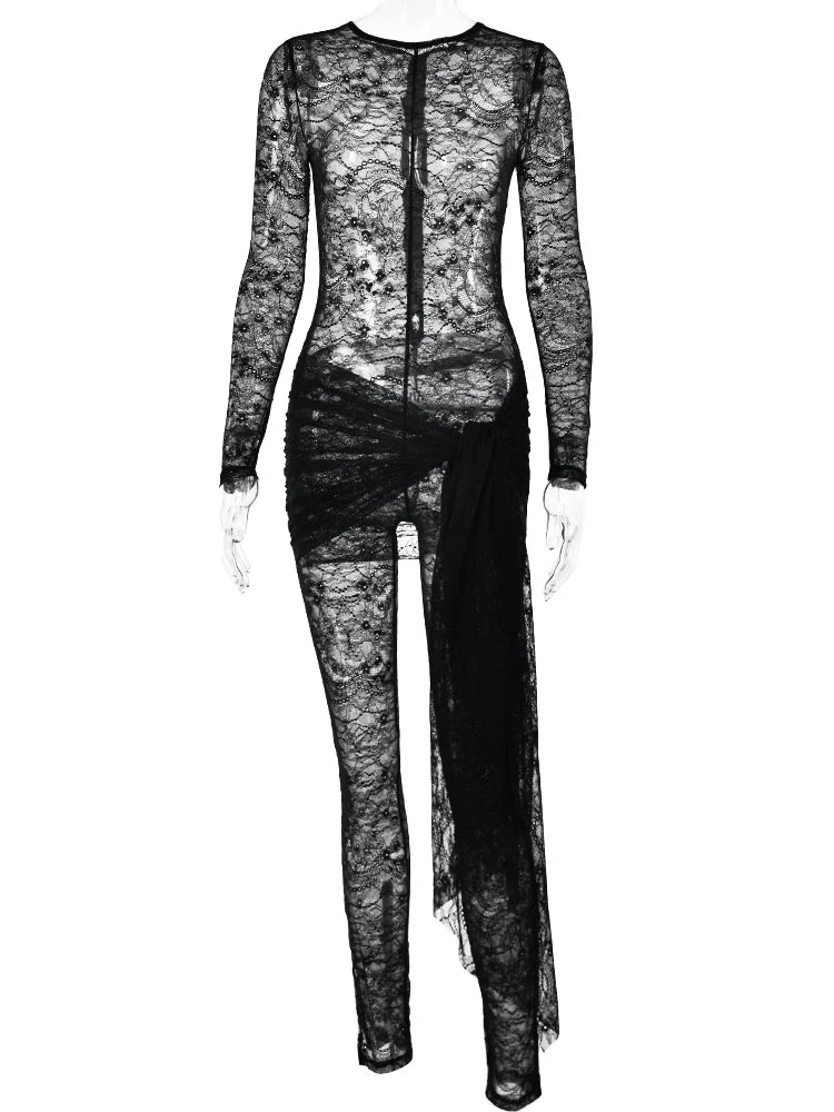VILZSTUDIOS Black Lace Bandage Jumpsuit Long Sleeve