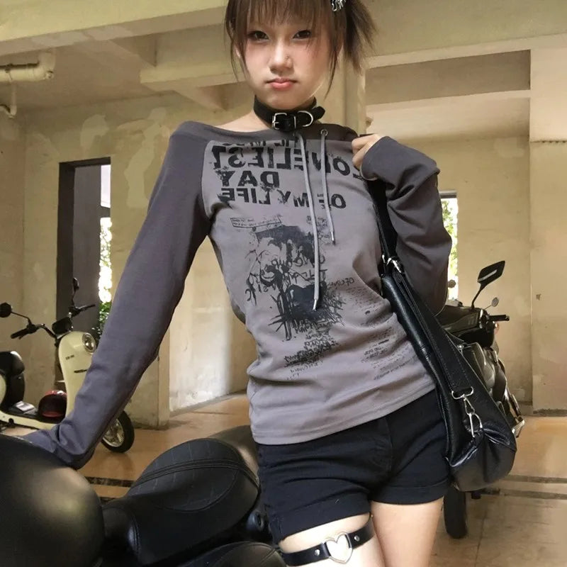 VILZSTUDIOS Graffiti Print Off Shoulder Long T-Shirt