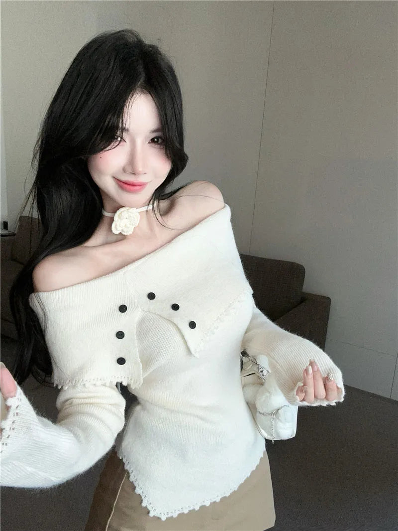 VILZSTUDIOS Chic Flower Knitwear Slash Neck Sweater