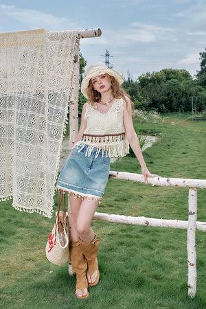 VILZSTUDIOS Stylish Shell Tassel Denim Mini Skirt