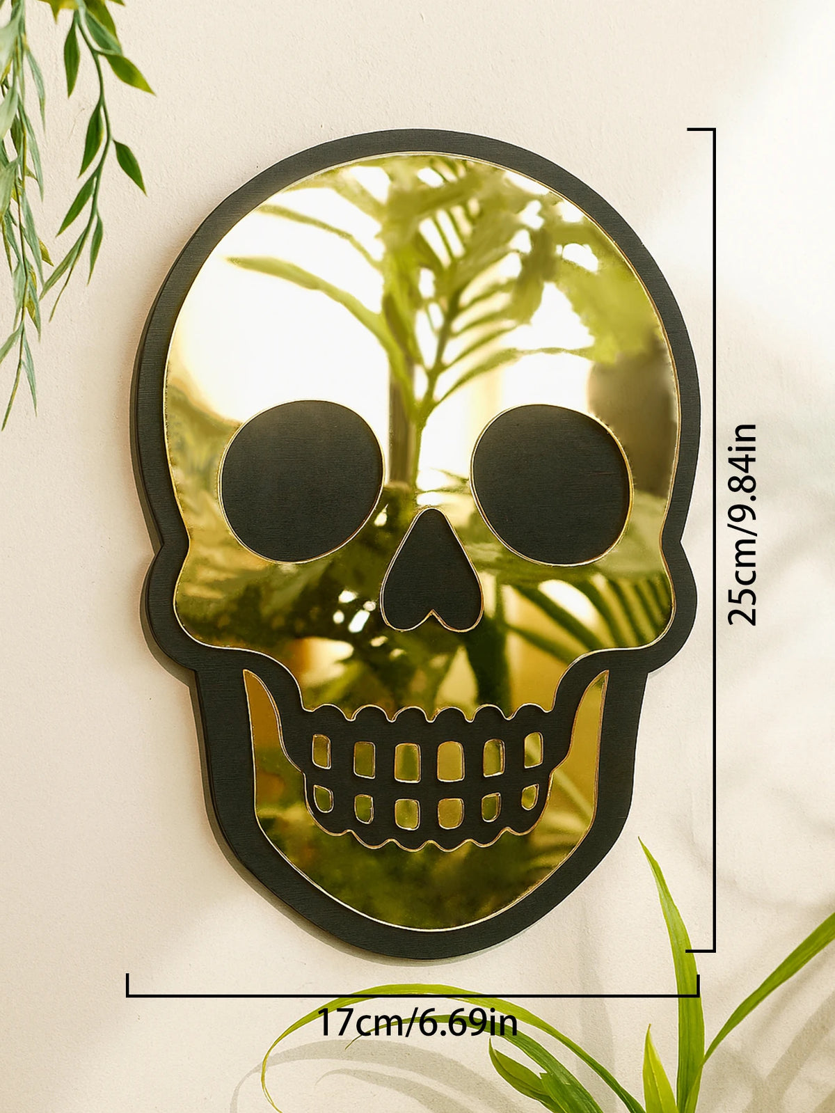 VILZSTUDIOS Halloween Skull Shaped Acrylic Wall Mirror Black Frame Wall Hanging Golden Decorative Mirror for Home Living Room & Bedroom Gift