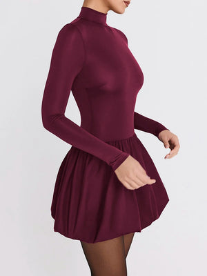 VILZSTUDIOS Burgundy Patchwork Turtleneck Long Sleeve Mini