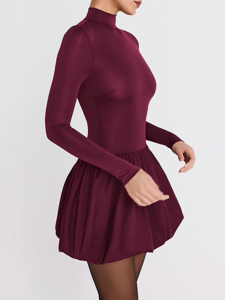 VILZSTUDIOS Burgundy Patchwork Turtleneck Long Sleeve Mini