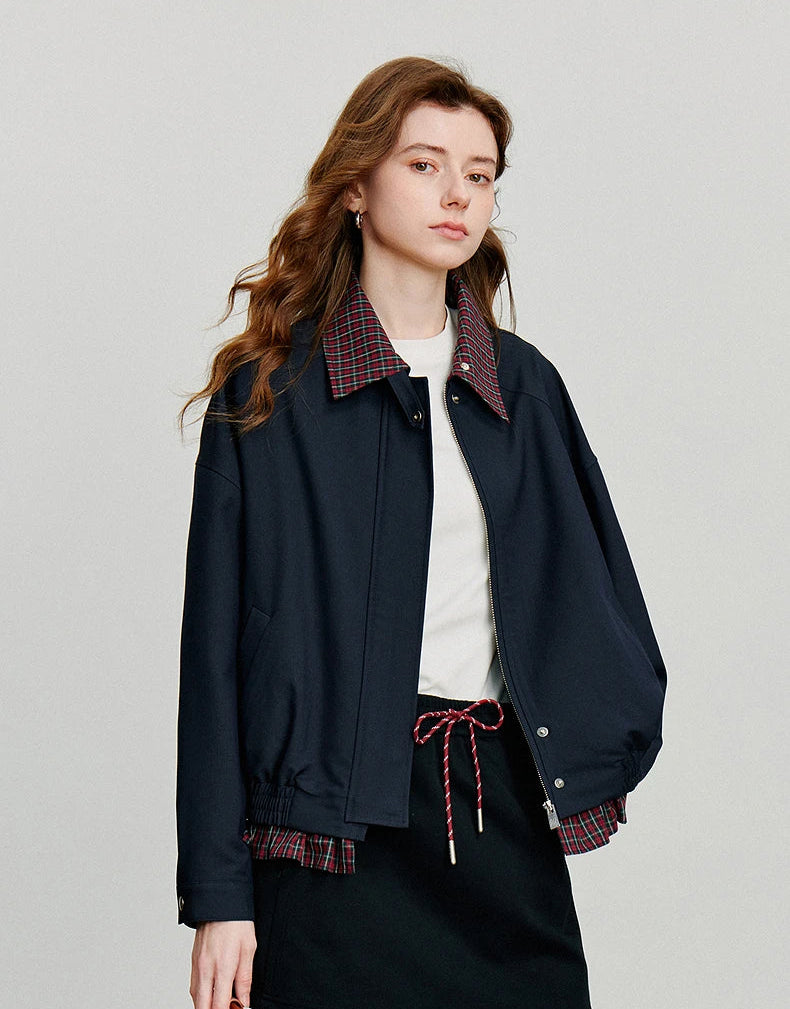 VILZSTUDIOS Patchwork Plaid Retro Navy Jacket