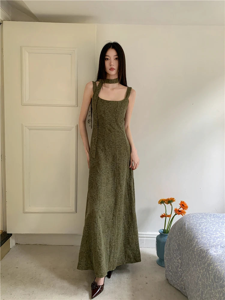 VILZSTUDIOS Elegant Green Vintage Jacquard Backless Midi Dresses