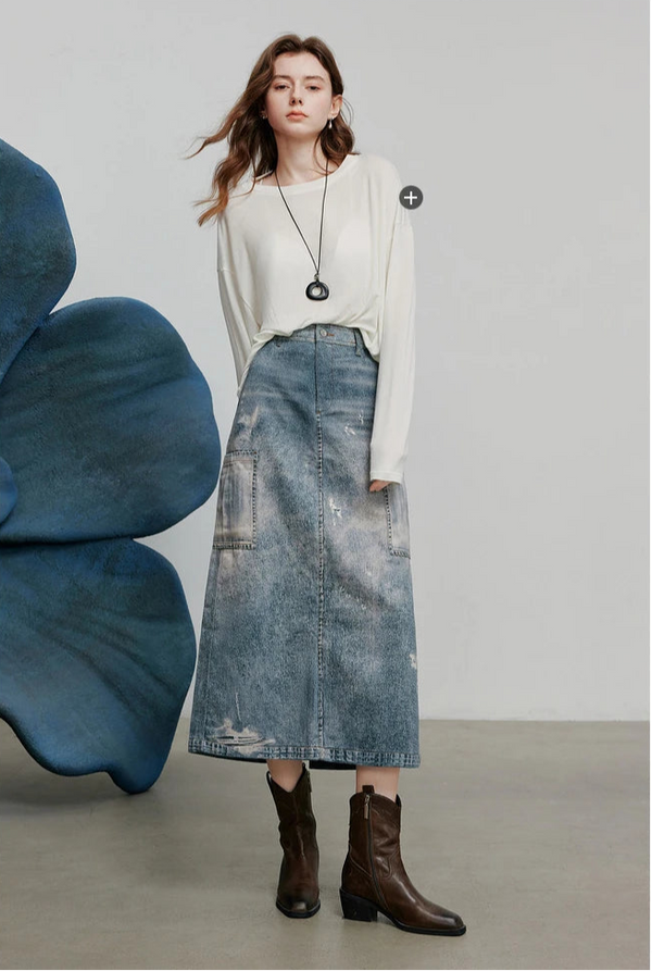 Vintage Printed High Waist Denim Skirt