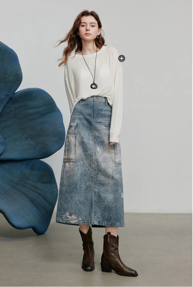 VILZSTUDIOS Vintage Printed High Waist Denim Skirt