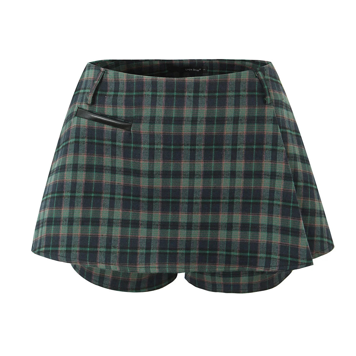 VILZSTUDIOS Dark Green Plaid Ruched Pleated Shorts