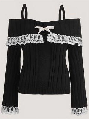 VILZSTUDIOS Pink Grunge Lace Off Shoulder Sweater