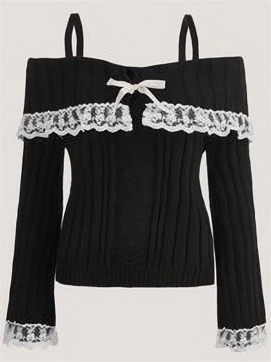 VILZSTUDIOS Pink Grunge Lace Off Shoulder Sweater