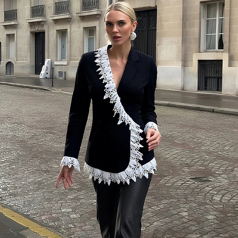 VILZSTUDIOS Elegant Spliced Lace V-Neck Jacket