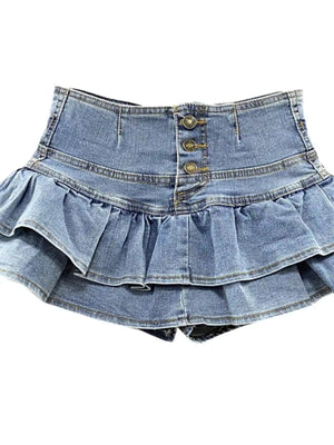 VILZSTUDIOS High Waist Vintage Denim Ruffle Jeans Skirts
