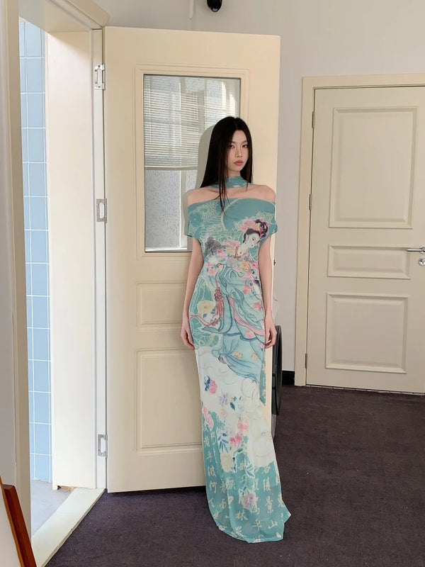 Vintage Fairy Print Off-Shoulder Maxi Dress