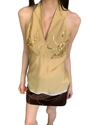 VILZSTUDIOS Vibrant Yellow Sequin Halter Top