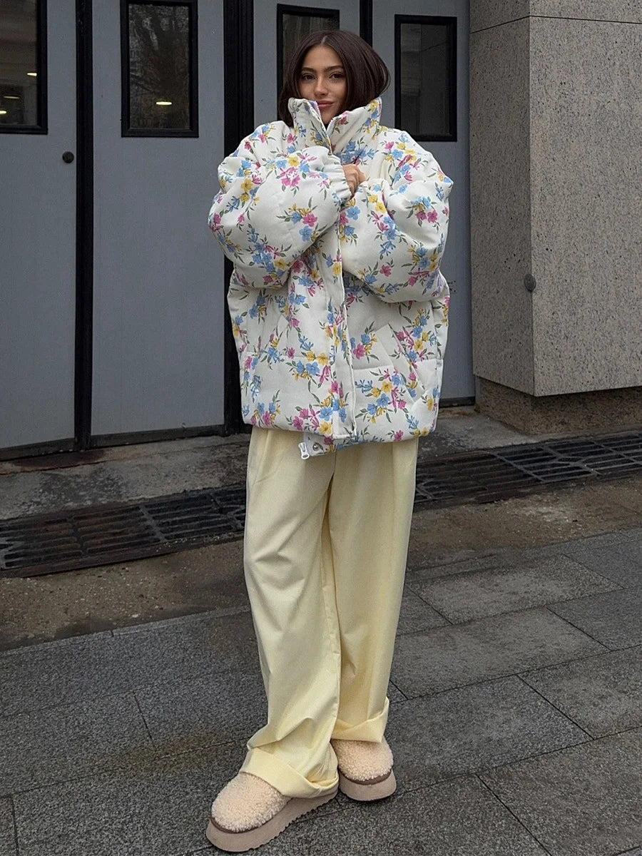 VILZSTUDIOS Cozy Floral Print Oversized Puffer Jacket