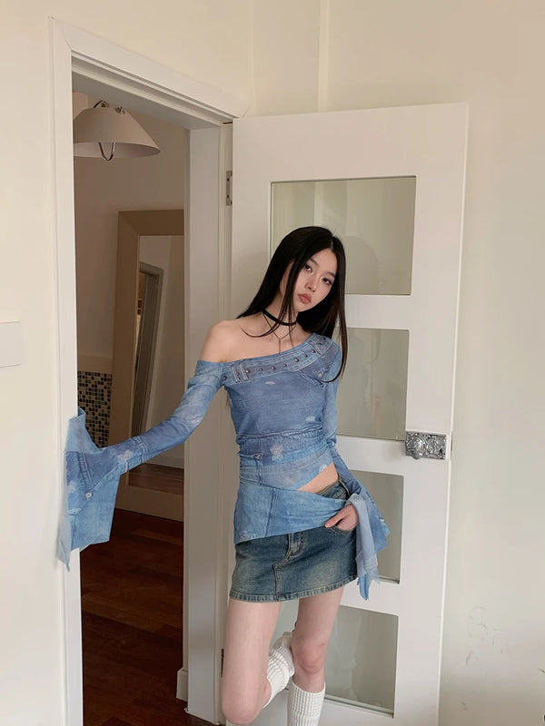 Blue Mesh Graphic Flare Sleeve Top