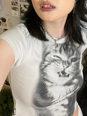 VILZSTUDIOS Cat Print Basic Cropped T-Shirt