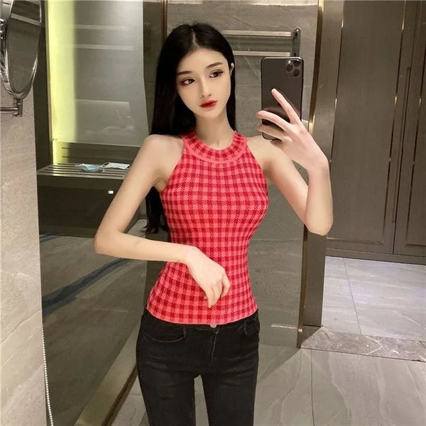Sexy Retro Plaid Knitwear Halter Top