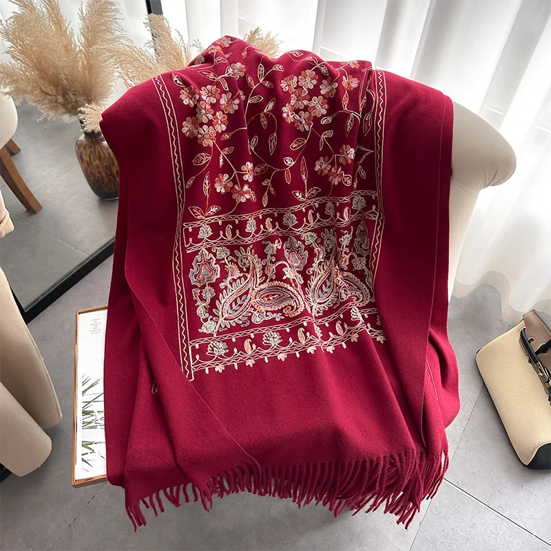 VILZSTUDIOS New Luxury Design Winter Embroidery Cashmere Scarves High Quality Women Thicken Wrap Shawl Ladies Warm Wool Pashmina Scarf
