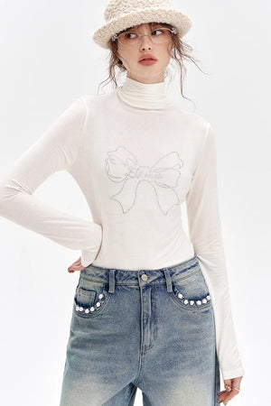 VILZSTUDIOS Sequined Bowknot Turtleneck Slim Top