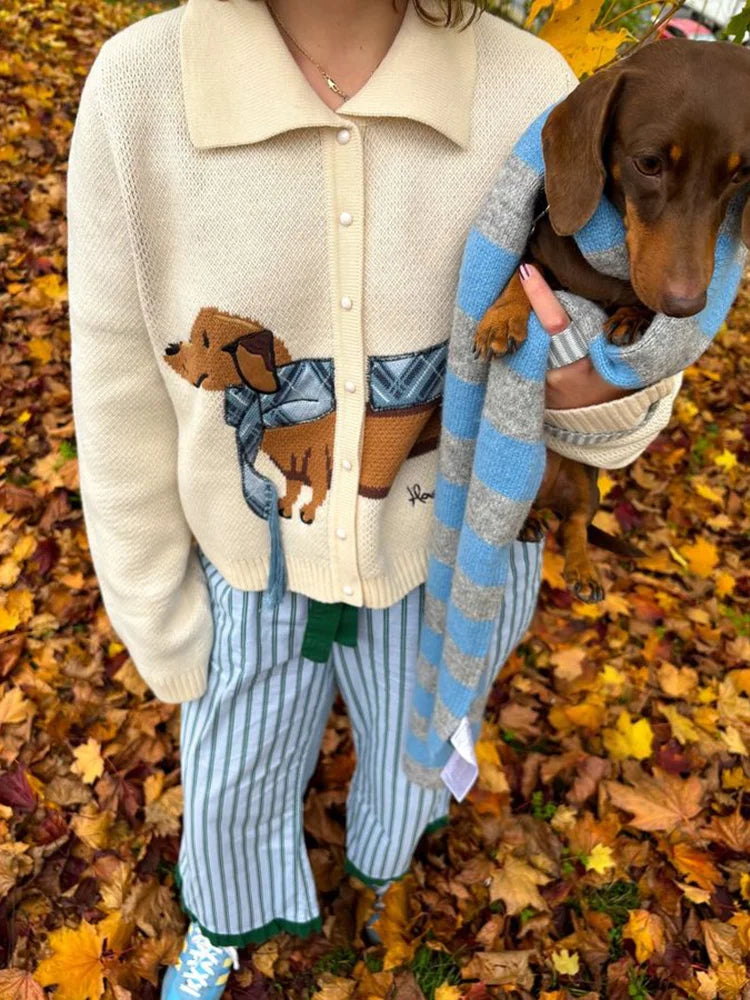 VILZSTUDIOS Cozy Chic Puppy Pattern Knit Cardigan