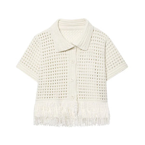 VILZSTUDIOS Knit Cropped Tassel Hollow Out Shirt