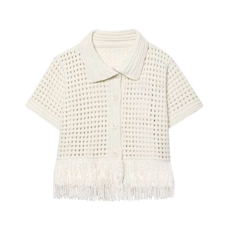 VILZSTUDIOS Knit Cropped Tassel Hollow Out Shirt