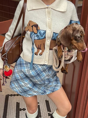 VILZSTUDIOS Cozy Chic Puppy Pattern Knit Cardigan