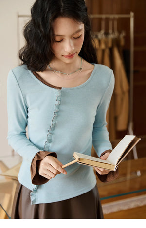 VILZSTUDIOS Blue Color Blocked Knitted Ruffled Long Sleeve Top