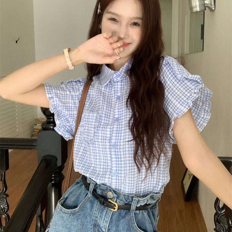 VILZSTUDIOS Ruffled Plaid Women Shirt