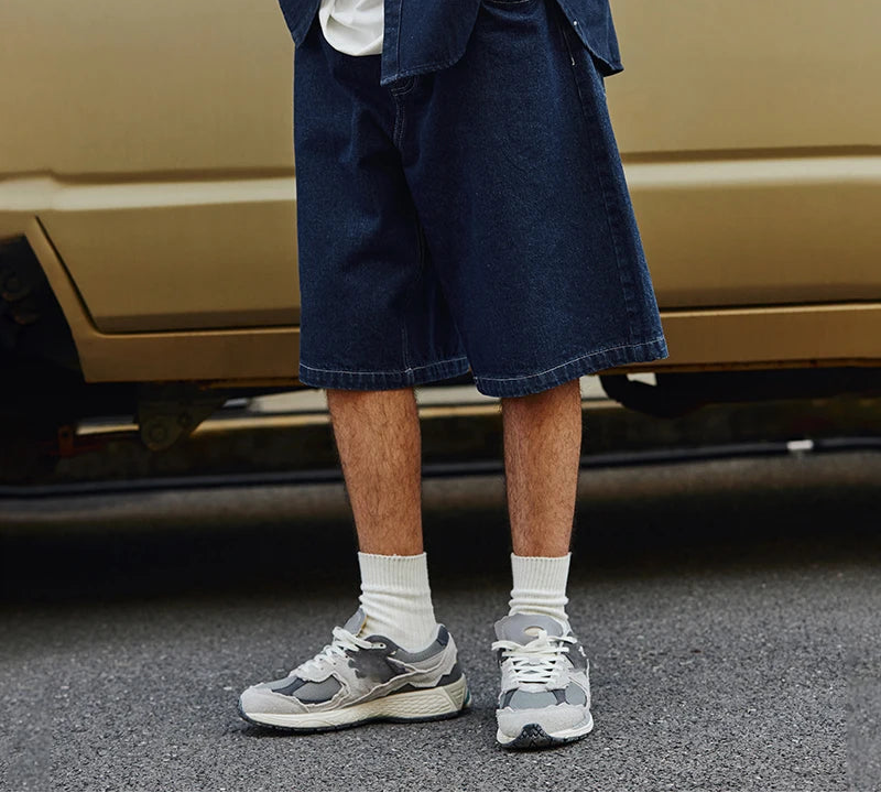 VILZSTUDIOS Loose Straight Washed Denim Capri Shorts