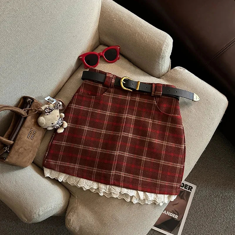 VILZSTUDIOS Plaid Lace Mini Skirt