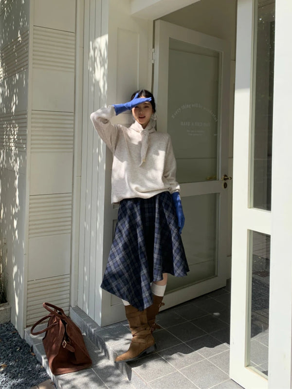 Blue Plaid Asymmetrical A-Line Skirt