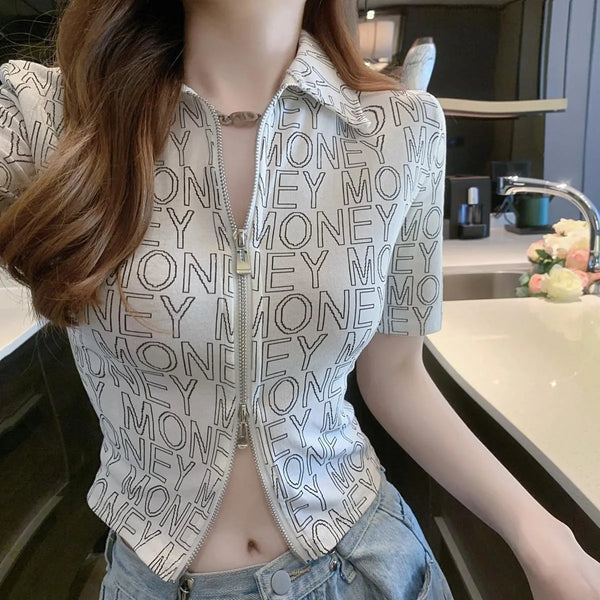 Slim Zipper Lapel V-neck Crop Top
