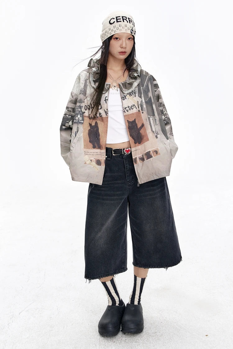 VILZSTUDIOS Retro Cats Print Loose Jacket