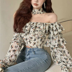 VILZSTUDIOS Retro Floral Ruffled Cropped Chiffon Blouse