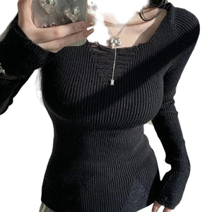 VILZSTUDIOS Hollow Out Ripped Knitted Long-Sleeve Top