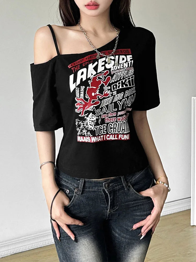 VILZSTUDIOS Gothic Letter Print Cropped Off Shoulder T-Shirt