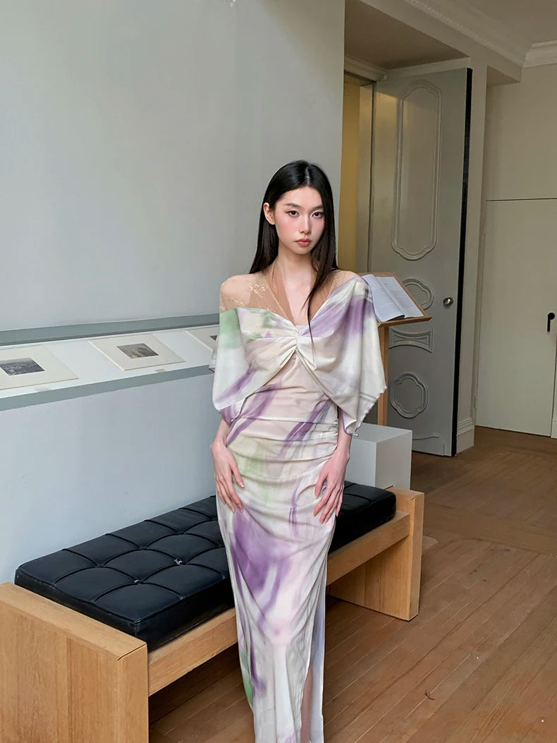 VILZSTUDIOS Purple Ruched V-Neck Maxi Dress