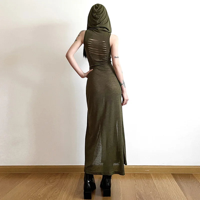 VILZSTUDIOS Gothic Sleeveless Ruffles Mesh Midi Dress