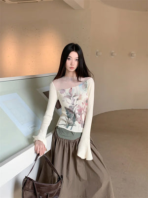 VILZSTUDIOS Floral Knitted Ribbed Long Bell Sleeve Top
