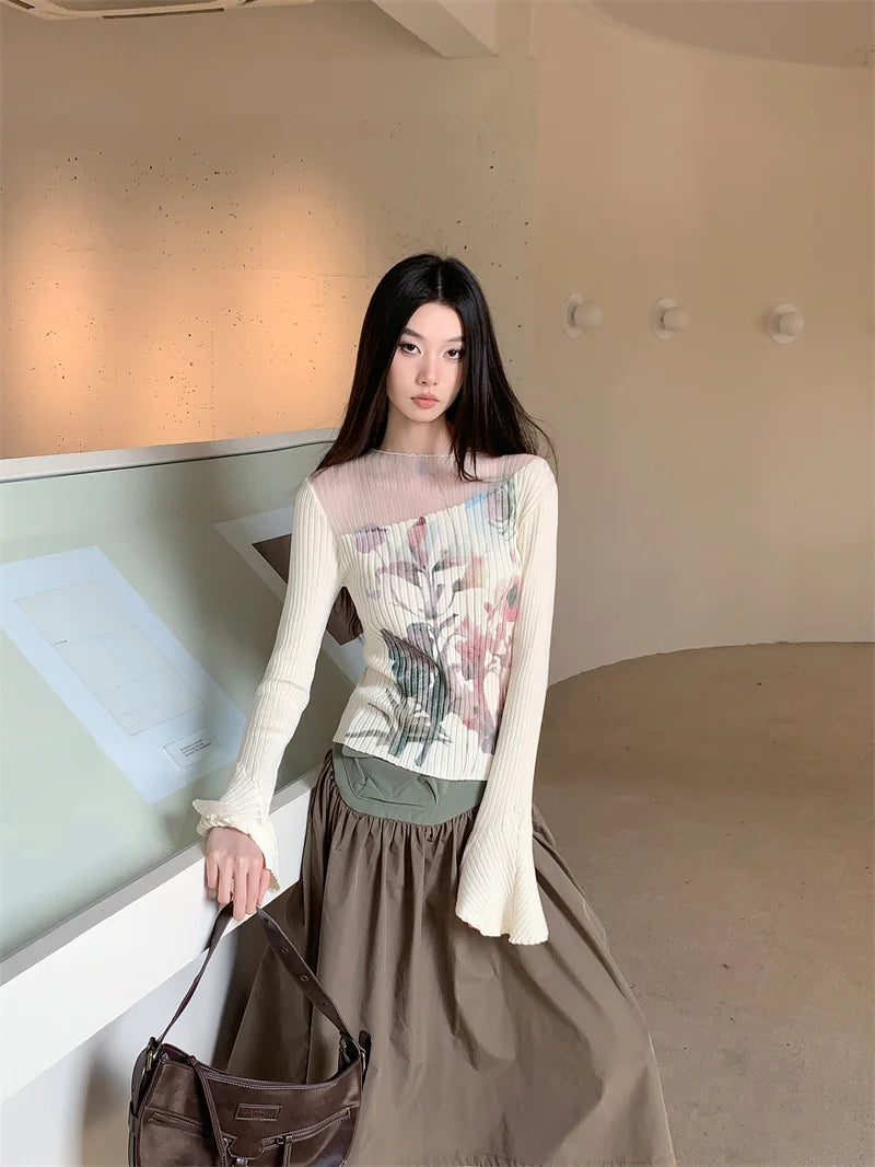 VILZSTUDIOS Floral Knitted Ribbed Long Bell Sleeve Top