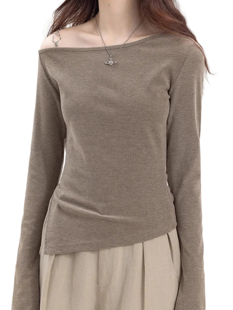 VILZSTUDIOS Asymmetrical Off Shoulder Knitted Long Sleeve Top