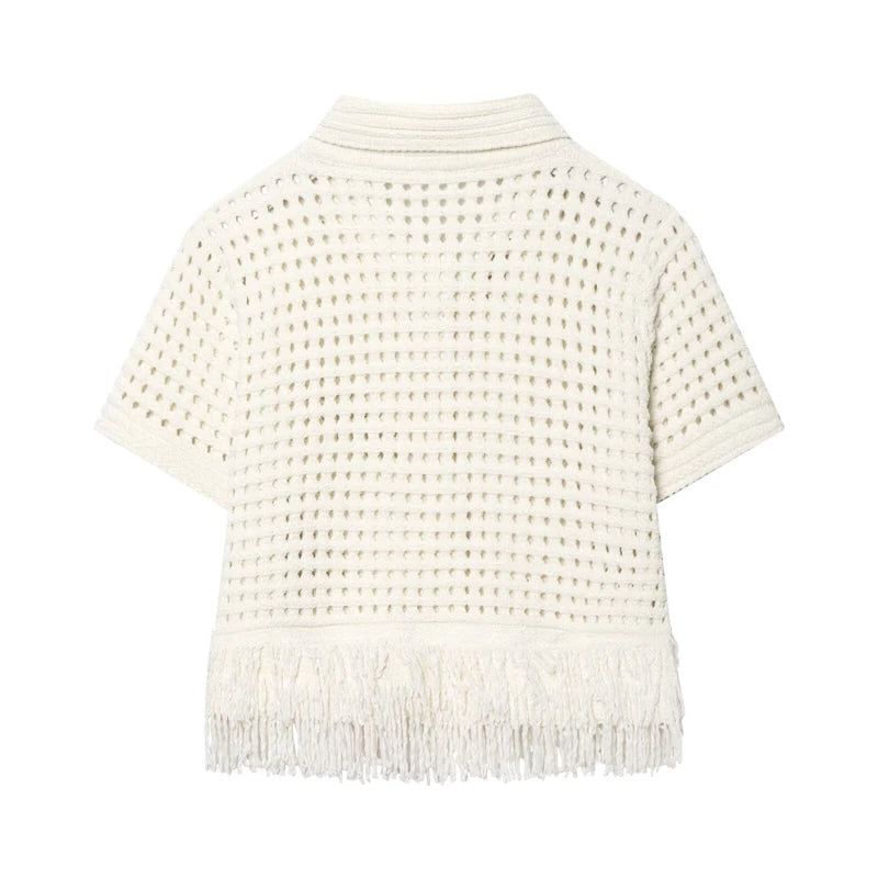 VILZSTUDIOS Knit Cropped Tassel Hollow Out Shirt