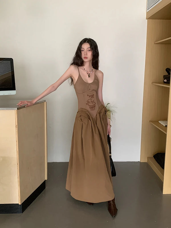 Brown Embroidered Vintage Maxi Dress Backless